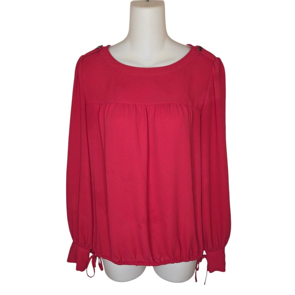 LOFT Red Utility Blouse XS Puffed Sleeve Drawstring Hem Epaulet Button Detail